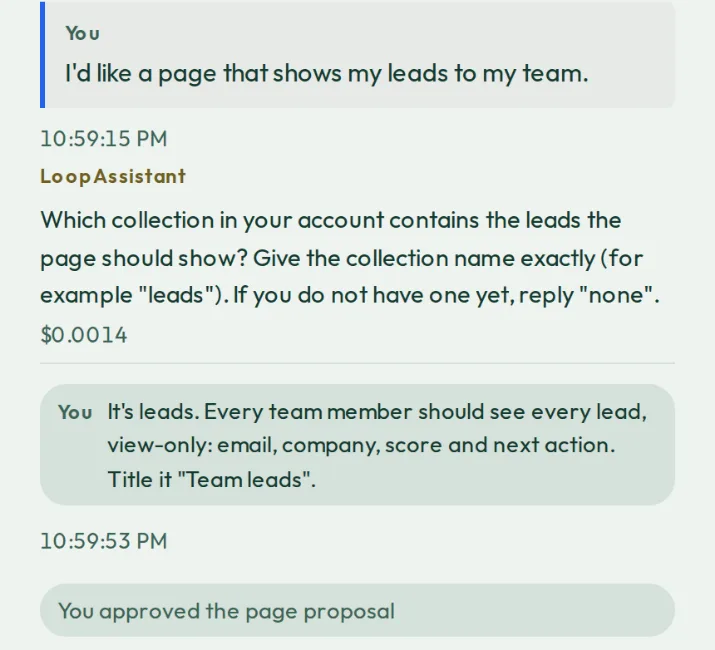 A LoopAssistant conversation on the console: asked for a page of leads, it asks which collection holds them, and the person approves the page it proposes.